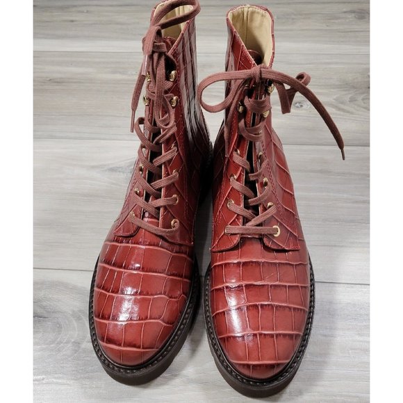 Stuart Weitzman Bootie Women's 8 Cardamom Mila Lift Croc Leather Combat New - Picture 6 of 11